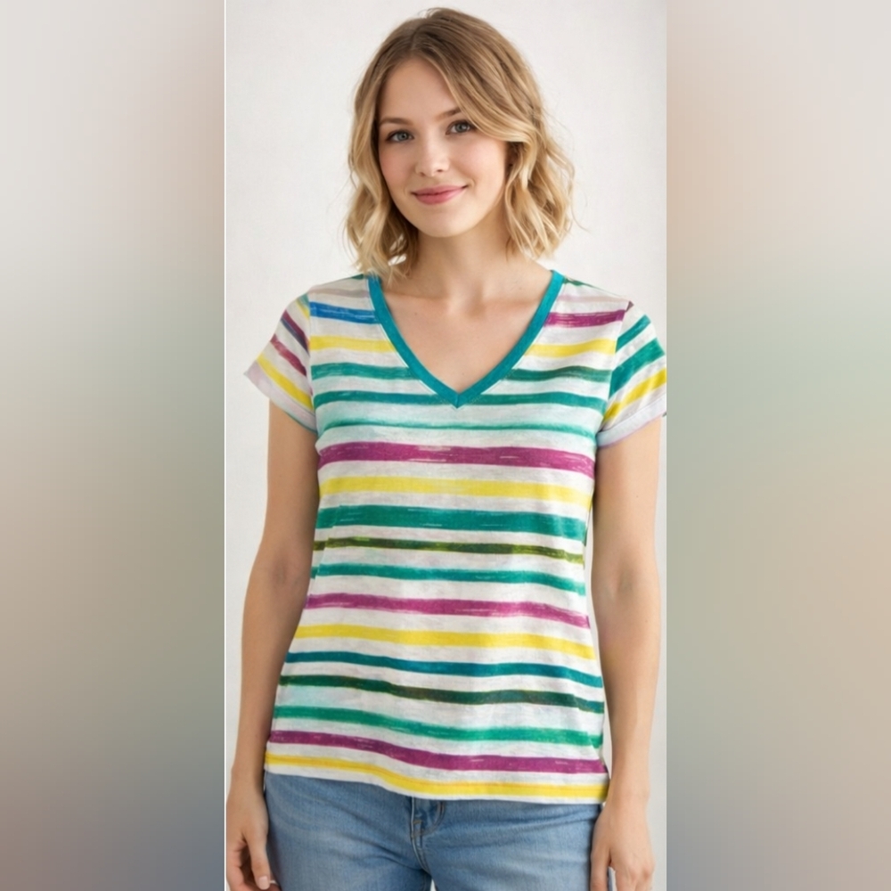 Multicolor Striped V-Neck Tee Size S